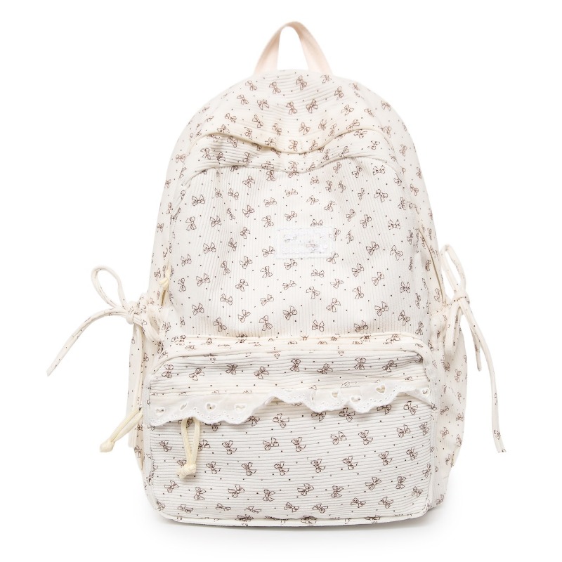 冬コーデュロイバックパックボウプリントレースかわいい旅行リュ - Women'S Young Bags のレビューと価格